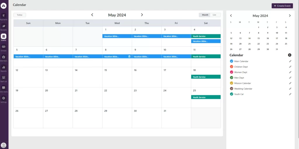 Event feature of tabernacle church management software