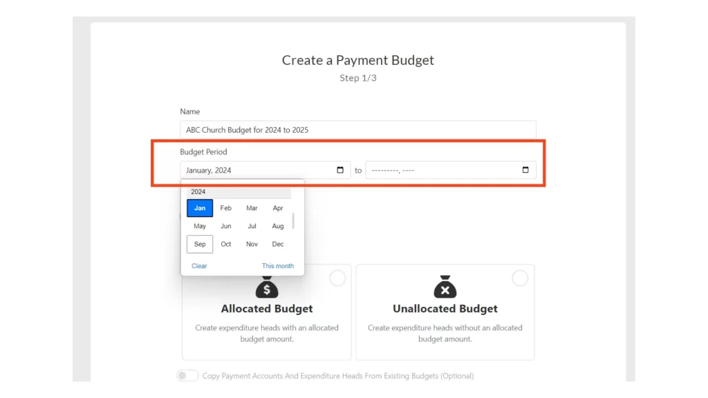 a screenshot of church account software creating budget