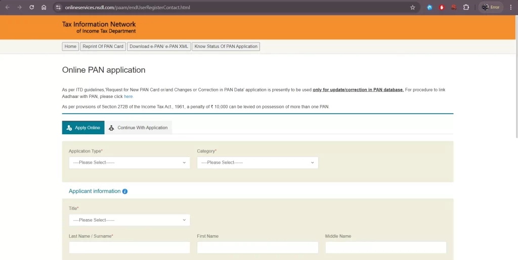 a screen shot from pan application portal for church pan application